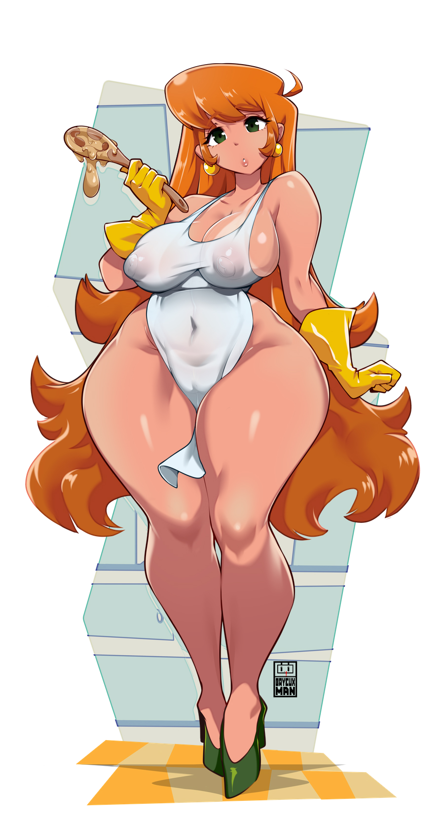 apron apron_only bayeuxman big_ass dexter's_laboratory dexter's_mom earrings green_eyes milf naked_apron naked_female orange_hair sexy surprised very_long_hair