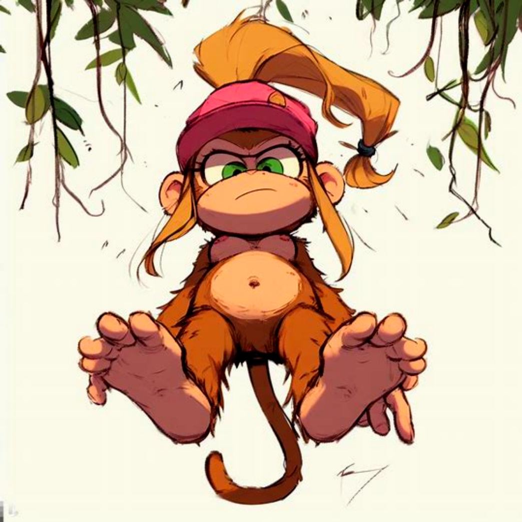 1girl ai_generated beret blonde_hair cub dixie_kong donkey_kong_(series) furry furry_female green_eyes looking_down navel nintendo nipples ponytail rareware simple_background small_breasts tail