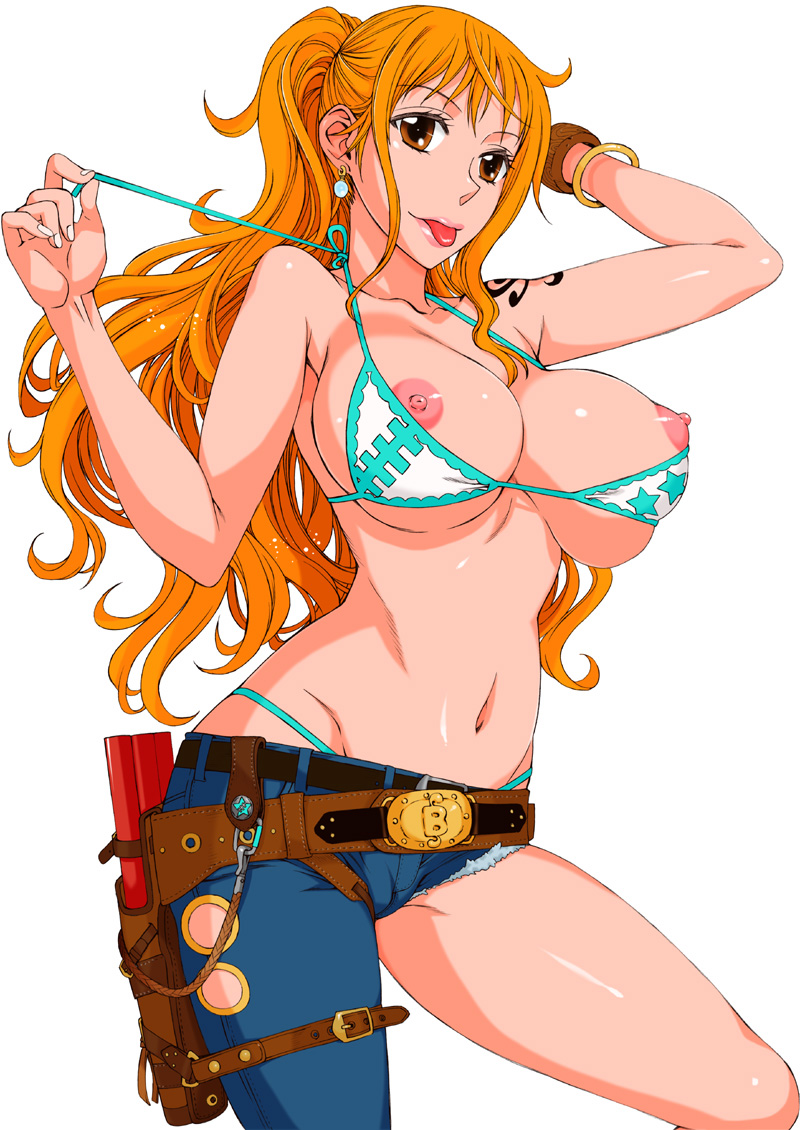 1girl areolae arm_behind_head armpits asymmetrical_clothes bangle bare_shoulders bikini bikini_top bracelet breasts brown_eyes cameltoe cutoffs denim earrings hanzaki_jirou holster jeans jewelry large_breasts legs log_pose long_hair looking_at_viewer nami navel nipple_slip nipples one_piece orange_hair panties pants ponytail simple_background solo standing swimsuit tattoo thighs thong tongue tongue_out underwear undressing white_background