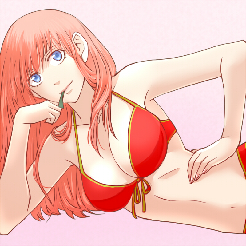 1girl 1girl 1girl 3mm aged_up alluring alternate_costume arm_support big_breasts bikini blue_eyes cleavage female_only gintama hair_down hand_on_hip kagura_(gintama) long_hair looking_at_viewer on_side orange_hair red_bikini swimsuit