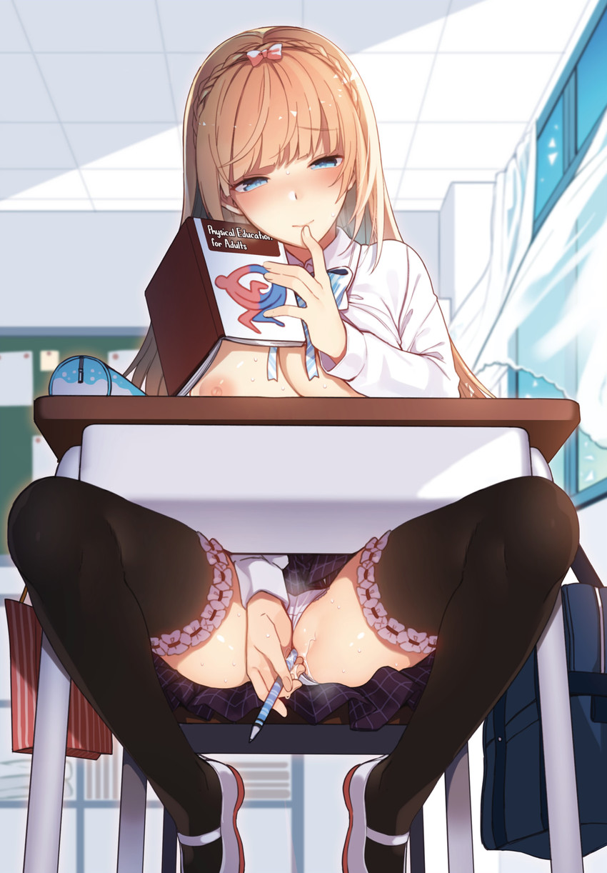 1girl 1girl areola bag black_thighhighs blonde_hair blue_eyes blunt_bangs blush book bow bowtie braid breasts ceiling classroom closed_mouth clothed_masturbation clothing_aside collared_shirt crown_braid curtains day desk dress_shirt english_text female_masturbation finger_to_mouth fingering frilled_thighhighs frills hair_bow half-closed_eyes hand_up hase_neet holding holding_book holding_pen index_finger_raised indoors legs long_hair long_sleeves looking_at_viewer masturbation medium_breasts miniskirt nipples no_bra nose_blush object_insertion open_clothes open_shirt original panties panties_aside partially_visible_vulva pen pencil_case pink_bow pleated_skirt public_indecency public_masturbation public_nudity pussy_juice school_bag school_desk school_uniform sex_ed shirt shoes shoulder_bag sitting skirt smile spread_legs stealth_masturbation stockings striped striped_bow striped_bowtie sweat thighs tile_ceiling tiles underwear uwabaki vaginal vaginal_object_insertion white_bow white_panties white_shirt window