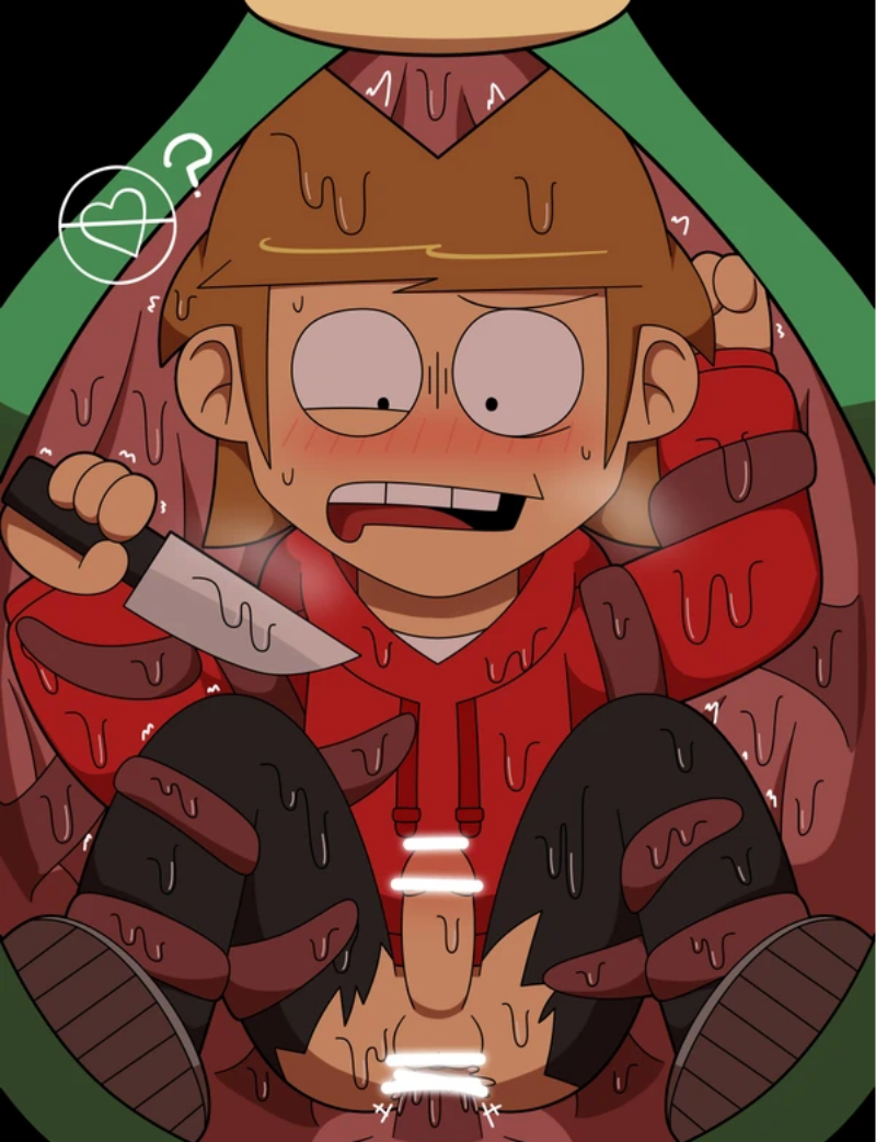 ? ambiguous_consent brown_hair confused eddsworld knife male_only male_penetrated plant red_hoodie sweat sweating tord_(eddsworld) vore