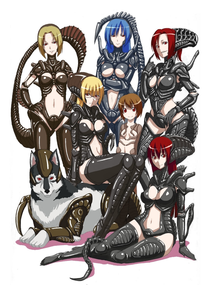 6girls age_difference alien alien_(movie) aliens_(movie) armor bangs black_gloves black_legwear blonde_hair blue_hair bob_cut boots breasts brown_hair claws cleavage cleavage_cutout cosplay costume crossed_arms crow_(pixiv) curvy dog edo_tatsuki elbow_gloves facehugger finger_to_mouth flat_chest frown glasses gloves grin hair hair_between_eyes hand_on_hip hands_on_hips headgear helmet highres index_finger_raised large_breasts leotard light_brown_hair light_smile long_hair looking_at_viewer midriff multiple_girls navel navel_cutout parted_bangs pauldrons red_eyes red_hair red_sclera redhead shadow short_hair side_cutout simple_background sitting smile tail thigh_boots thigh_high_boots thighhighs turtleneck underboob vambraces white_background wide_hips xenomorph yokozuwari zettai_ryouiki