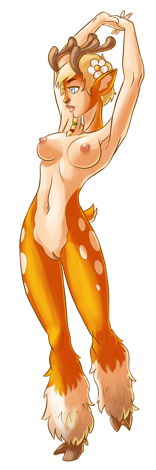1girl 1girl alpha_channel antlers arms_up battlerite blonde blossom_(battlerite) blue_eyes breasts cervine flower hair hair_flower hair_ornament heisenx high_resolution horn long_image mammal nude plant pussy satyr simple_background spots tall_image transparent_background whitetail_deer
