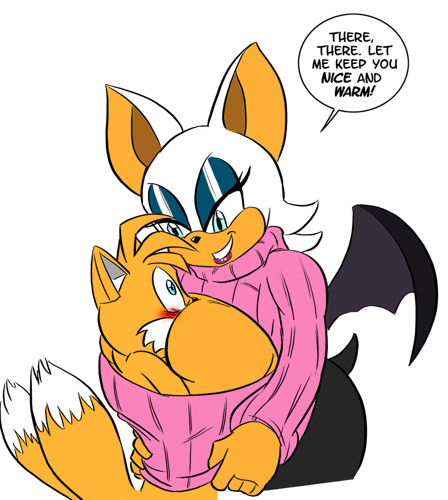 1boy 1girl anthro bat fox furry glassfish miles_"tails"_prower older_female open_chest_turtleneck rouge_the_bat sega shared_clothes sonic_the_hedgehog_(series) sweater younger_male
