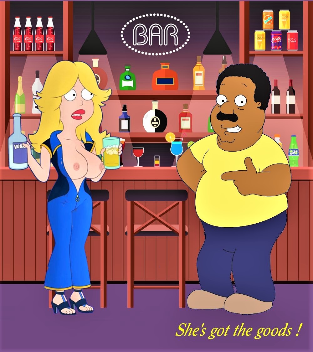 alcohol american_dad big_breasts breasts_out_of_clothes cleavage cleveland_brown crossover erect_nipples francine_smith huge_breasts nipples the_cleveland_show thighs unzipped_bodysuit