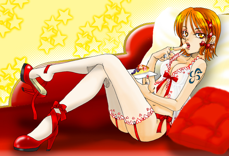 1girl dessert finger_licking food garter_belt hair_ribbon high_heels jewelry licking lingerie nami nami_(one_piece) one_piece ribbon ring shoe_dangle shoes solo tattoo thighhighs underwear