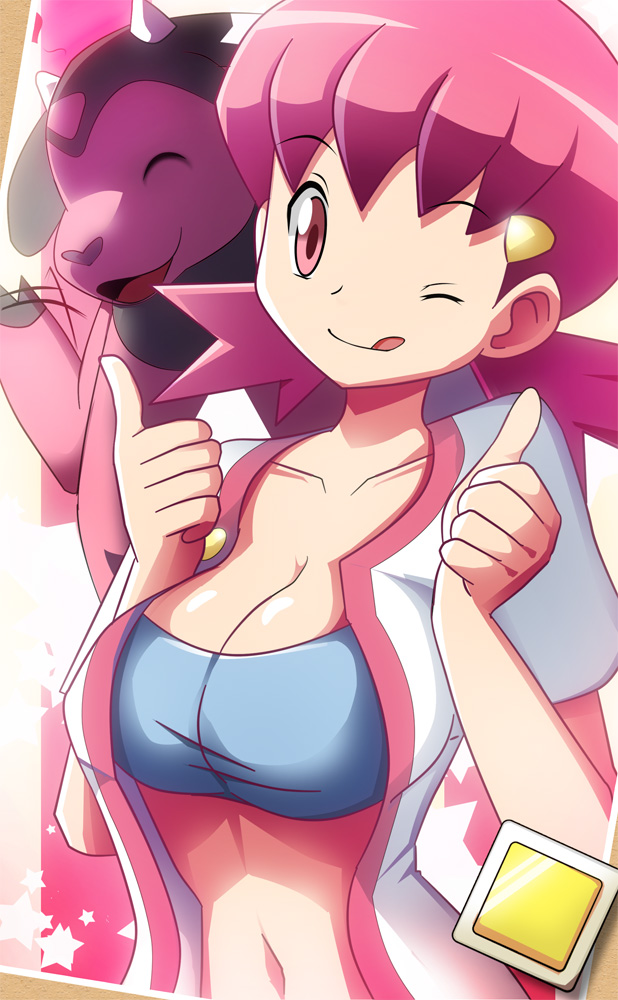 1girl :p akane_(pokemon) alluring arm arms art badge big_breasts breasts cleavage closed_eyes collarbone deviantart ears female gym_leader hair hair_ornament hairclip happy jacket large_breasts lips looking_at_viewer midriff miltank navel nintendo open_clothes open_jacket open_shirt pink_eyes pink_hair pokemon pokemon_(anime) pokemon_(game) pokemon_gsc pokemon_heartgold_and_soulsilver pokemon_hgss shiny shiny_skin shirt short_hair shorts smile solo thumbs_up tongue tongue_out vivivoovoo whitney wink