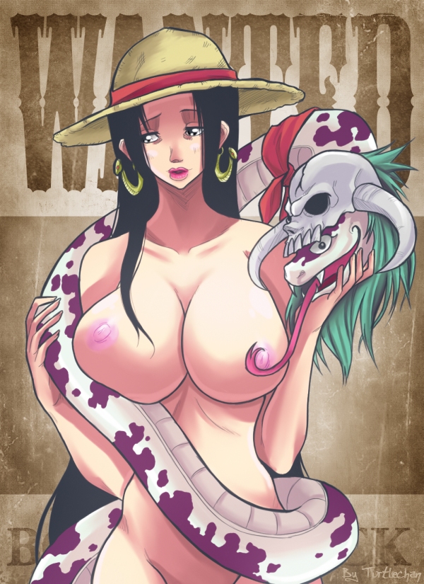 1girl boa_hancock breasts earrings hat huge_breasts jewelry lips nipples nude one_piece salome_(one_piece) skull snake straw_hat turtlechan wanted_poster