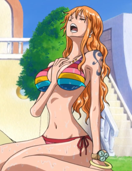 1girl big_breasts bikini female female_only hand_between_breasts nami one_piece solo swimsuit wet
