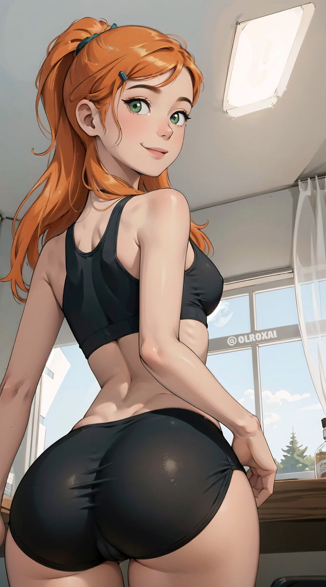 1girl 1girl aged_up ai_generated alternate_costume ass ass_focus ben_10 breasts cartoon_network dat_ass from_behind green_eyes gwen_tennyson gym_clothes gym_shorts human olroxai orange_hair ponytail showing_ass showing_off sportswear stable_diffusion young