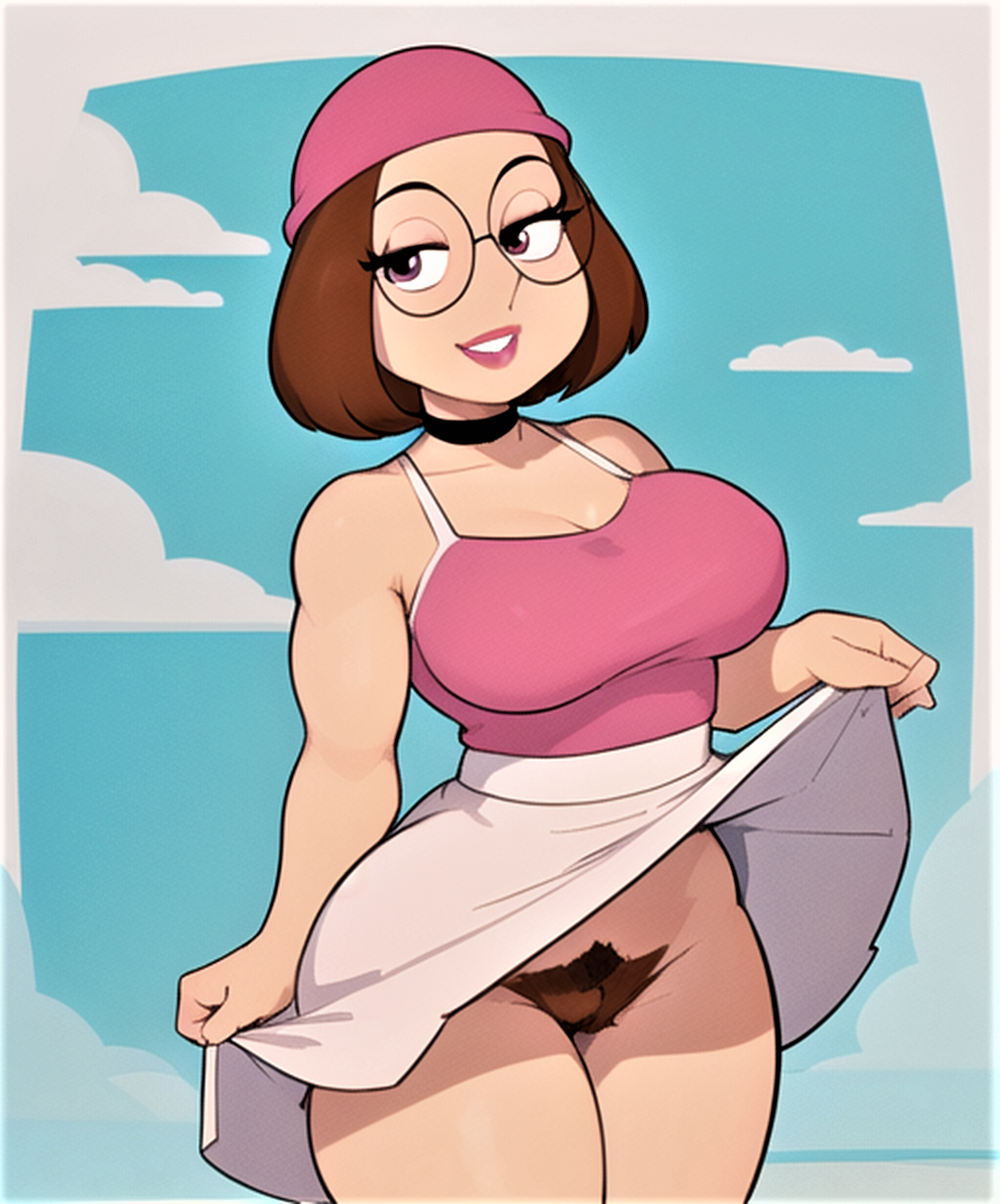 ai_generated family_guy flashing glasses hat meg_griffin no_panties pubic_hair pussy skirt_lift thighs