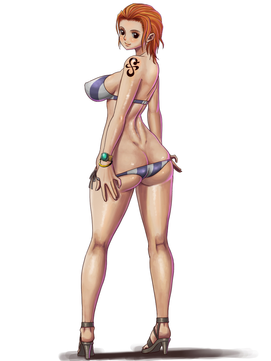 1girl ass bangle bikini blush bracelet breasts butt_crack forehead from_behind high_heels highres jewelry knee_pit kneepits large_breasts log_pose nami oil one_piece one_piece:_strong_world orange_hair shiny shiny_skin shoes side-tie_bikini simple_background solo sueyuu swimsuit tattoo thighs white_background