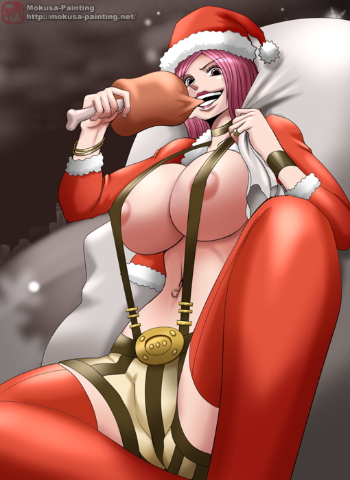 bonney_pirates brown_eyes christmas curvaceous food huge_breasts jewelry_bonney looking_at_viewer mokusa one_piece pink_hair