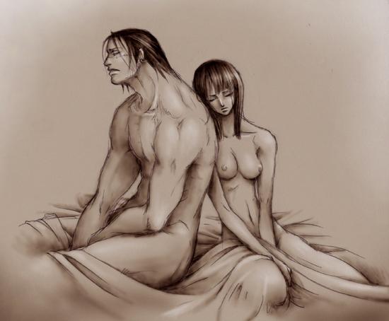 1boy 1girl afterglow baroque_works bed_sheet black_hair breasts closed_eyes head_rest hourglass_figure huge_breasts monochrome nico_robin nipples nude one_piece scar sheets sir_crocodile straw_hat_pirates undressing