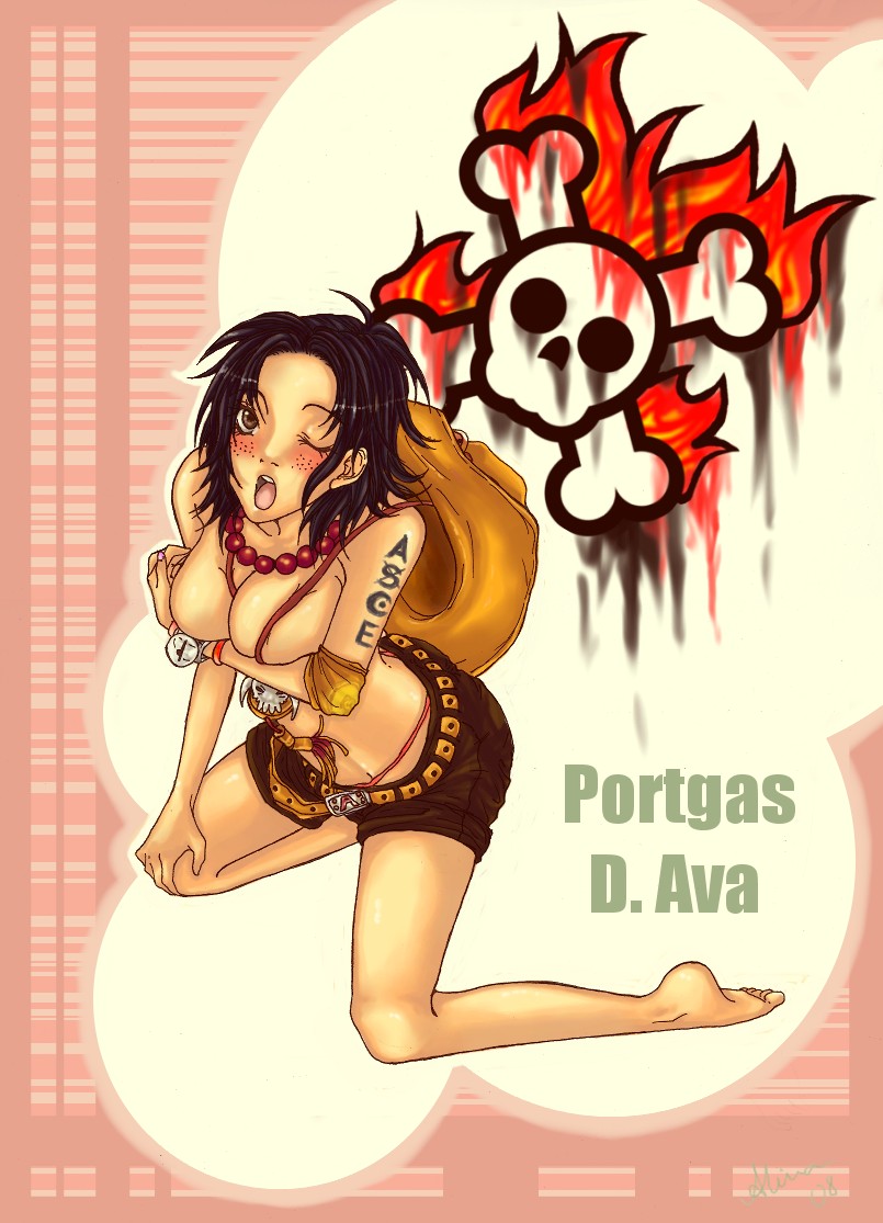 1girl alina-chan barefoot big_breasts breast_hold breasts covering_breasts freckles genderswap one_eye_closed one_piece portgas_d._ace skull solo tattoo topless wink