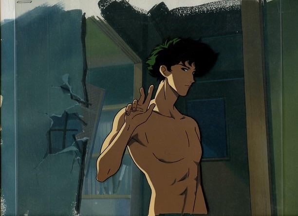 1boy cowboy_bebop green_hair male male_only nude_male shirtless_(male) spike_spiegel spiked_hair