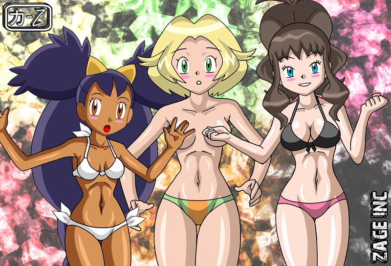 3girls alluring art bare_legs bare_shoulders bel_(pokemon) bianca_(pokemon) big_breasts bikini black_hair blonde_hair blue_eyes blush breasts brown_eyes clenched_hand clenched_hands collarbone convenient_censoring dark_skin embarrassed female green_eyes gym_leader hair hair_ornament halterneck height_difference hilda_(pokemon) huge_breasts humans_of_pokemon iris_(pokemon) kageta large_breasts legs long_hair looking_at_viewer midriff multiple_girls navel nintendo parted_lips pokemon pokemon_(anime) pokemon_(game) pokemon_black_and_white pokemon_bw ponytail purple_hair short_hair small_breasts smile standing swimsuit teeth topless touko_(pokemon) twintails very_long_hair white_(pokemon)