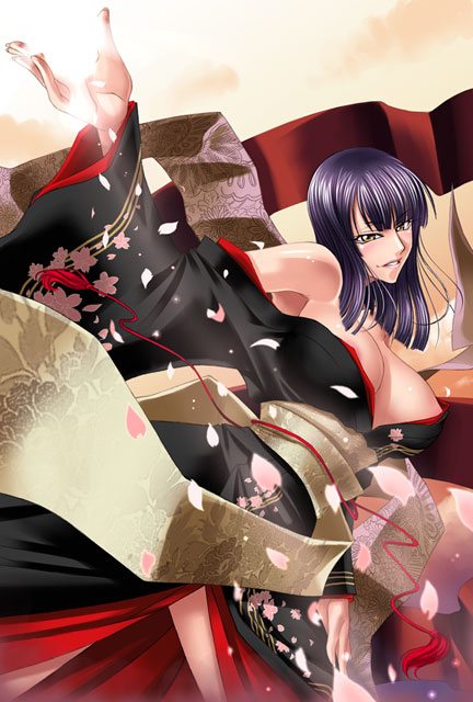 1girl areola_slip areolae bangs bare_shoulders black_hair blush breasts breasts_apart female japanese_clothes kagami_hirotaka kimono large_breasts light long_hair long_sleeves looking_at_viewer nico_robin obi off_shoulder one_piece parted_lips petals purple_hair revealing_clothes sash smile solo wide_sleeves yellow_eyes