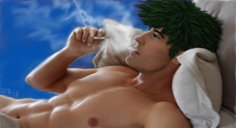 cigarette cowboy_bebop male male_only muscular_male nude_male pectorals shirtless_(male) smoking spike_spiegel