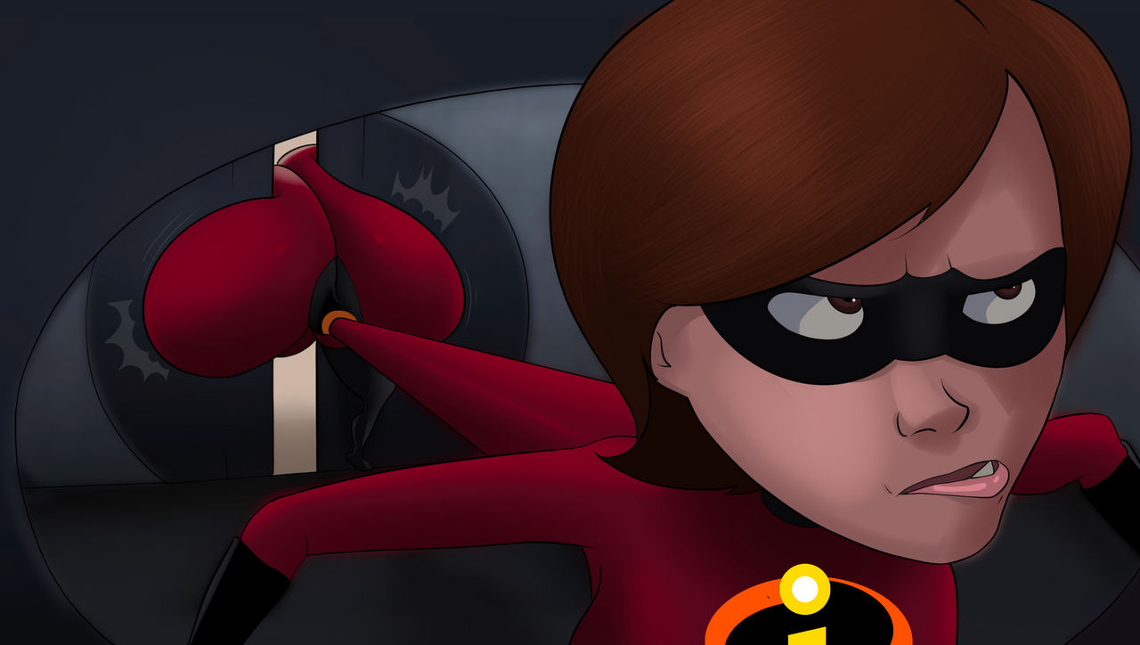 annoyed annoyed_expression bodysuit brown_eyes brown_hair butt_expansion disney gigantic_ass helen_parr mask stinkycokie stuck the_incredibles