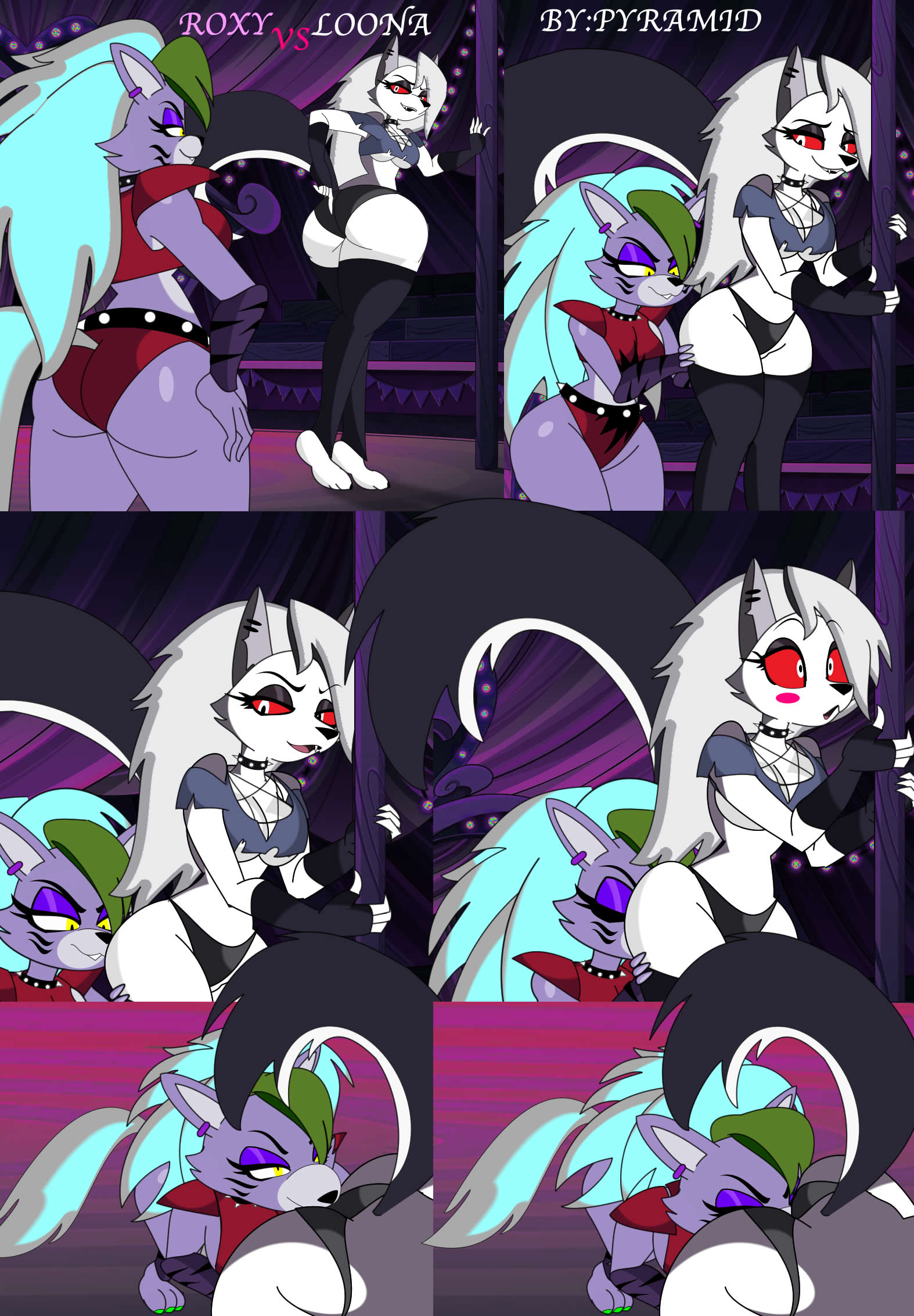 anthro big_ass breasts clothed_female comic face_in_ass five_nights_at_freddy's:_security_breach furry_female hand_holding hand_on_ass helluva_boss legs_together loona_(vivzmind) pushing_ass pyramid_(artist) rimming_female roxanne_wolf_(fnaf) sexy_body sniffing surprised tail yuri