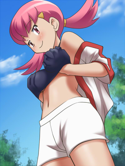 1girl akane_(pokemon) awa bangs bare_shoulders black_bra blush bra breast_grab breast_hold breasts cloud cowboy_shot day flipped_hair from_below from_side grabbing gym_leader hair_ornament hand_under_clothes light_smile lingerie looking_at_viewer midriff naughty_face navel off_shoulder open_clothes open_shirt outdoors pink_eyes pink_hair pokemon red_eyes scrunchie self_fondle shirt short_hair short_sleeves short_twintails shorts sky smile solo tree twintails underwear