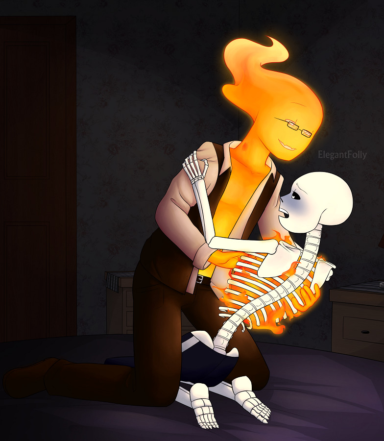 2010s 2018 2boys 2d 2d_(artwork) animated_skeleton artist_name blue_blush blush bottom_sans clothed digital_media_(artwork) duo echoheartx elegantfolly fire fire_elemental grillby grillby_(undertale) grillsans imminent_sex kneel male male/male male_only partially_clothed sans sans_(undertale) skeleton topless topless_male uke_sans undead undertale undertale_(series) undertale_fanfiction video_game_character video_games yaoi