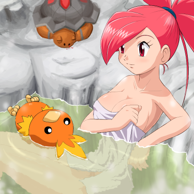 1girl arm arm_rest arms art asuna_(pokemon) babe bare_legs bare_shoulders bath big_breasts blood blush breasts cleavage collarbone female flannery floating gym_leader hair large_breasts legs long_hair lowres naked_towel neck nintendo nosebleed nude nude_cover onsen pink_hair pokemoa pokemon pokemon_(game) pokemon_rse ponytail red_eyes red_hair redhead rock sitting smile soara stone submerged torchic torkoal towel water wet
