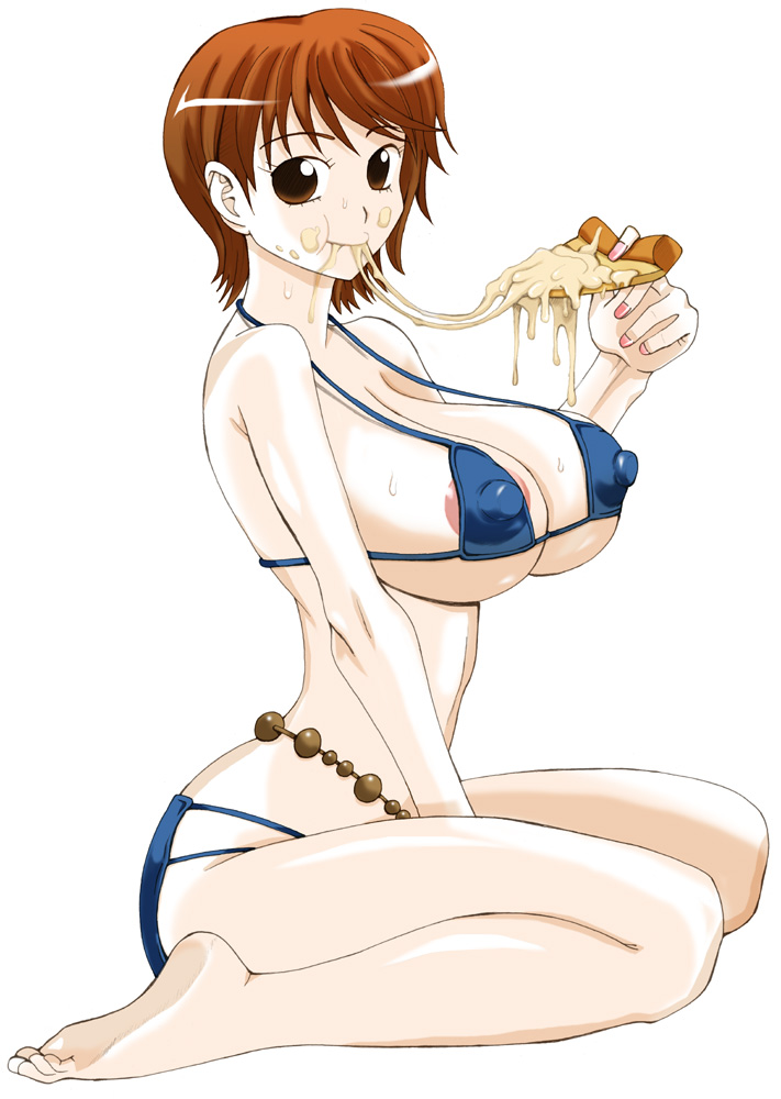 1girl areola_slip areolae bra breasts erect_nipples large_breasts looking_at_viewer nami nami_(one_piece) one_piece orange_hair pizza short_hair sitting solo underwear