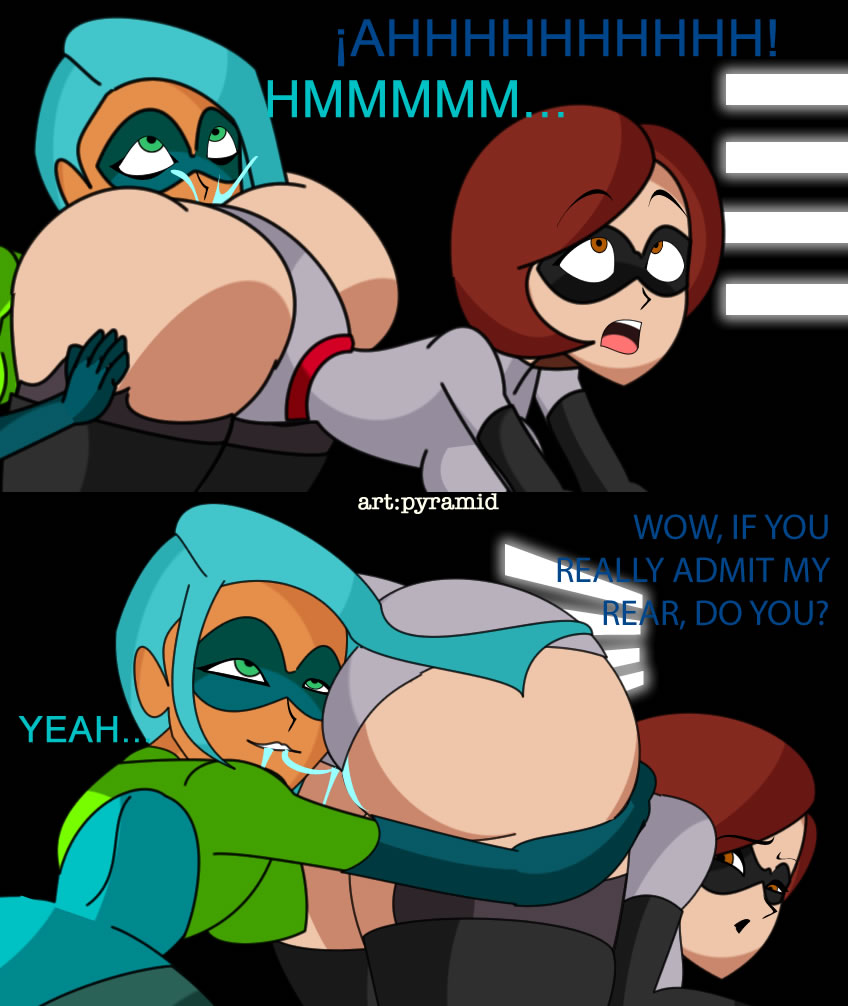 all_fours anilingus big_ass breast_press crawling dialogue elastigirl face_in_ass helen_parr mask pixar pyramid_(artist) rimjob rimming semen_on_body surprised the_incredibles voyd yuri