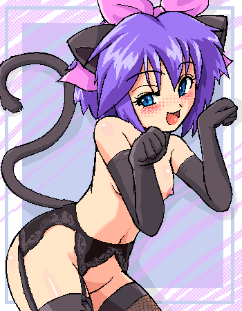 1girl aliasing animal_ears blue_eyes blush breasts cat_ears cat_pose cat_tail creatures_(company) doubleasterisk elbow_gloves game_freak garter_belt garter_straps garters gloves humans_of_pokemon kanata_(pokemon) kelly_(pokemon) konpeto lace lala-kun lingerie looking_at_viewer lowres nintendo nipples npc_trainer open_mouth paw_pose pokemon pokemon_(anime) pokemon_(game) pokemon_coordinator pokemon_rse pokemon_ruby_sapphire_&amp;_emerald purple_hair ribbon short_hair small_breasts small_nipples solo tail thighhighs topless underwear white_border