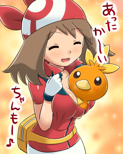 1girl :d bandanna between_breasts blush breasts brown_hair cleavage closed_eyes hair haruka_(pokemon) lowres open_mouth pokemoa pokemon pokemon_(anime) smile soara text torchic translated