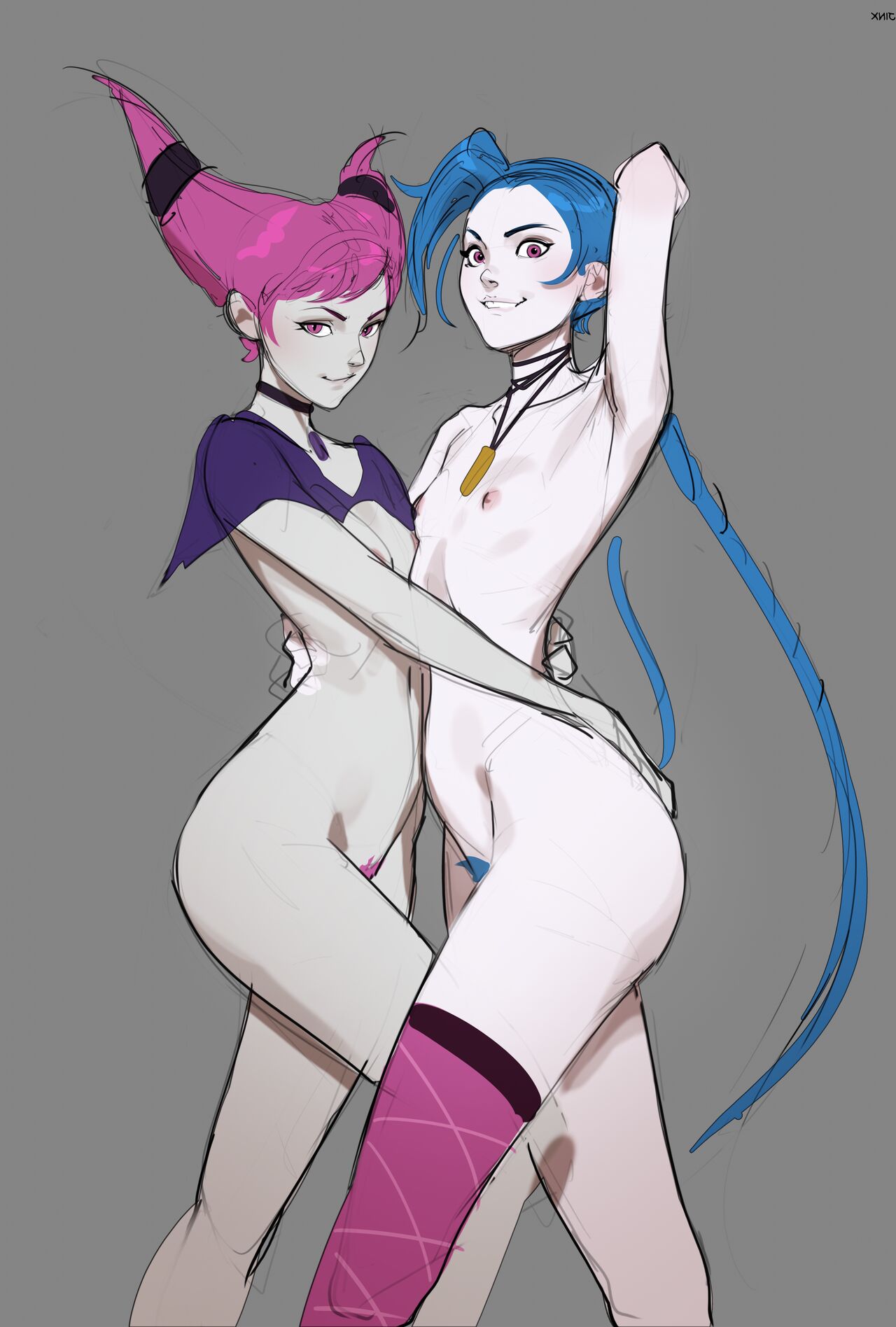 2_girls 2girls arms_behind_back arms_up blue_hair blue_pubic_hair choker crossover dc_comics female_only female_pubic_hair high_res hourglass_figure jinx jinx_(league_of_legends) league_of_legends long_hair looking_at_viewer namesake necklace nipples nude pink_pubic_hair pubic_hair purple_eyes purple_hair riot_games skinny small_breasts stockings tagme tarakanovich teen_titans wide_hips yuri
