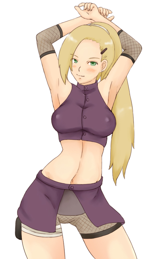 1girl armpits arms_up bandage bare_shoulders bike_shorts blonde_hair blush breasts buttons crop_top earrings elbow_pads erect_nipples fishnets green_eyes hair_ornament hairclip halterneck high_ponytail ino_yamanaka jewelry long_hair looking_at_viewer midriff momo_765 naruto naruto_shippuuden ninja nipples ponytail pouch rirakukan scrunchie simple_background skirt smile solo solo_female standing turtleneck white_background