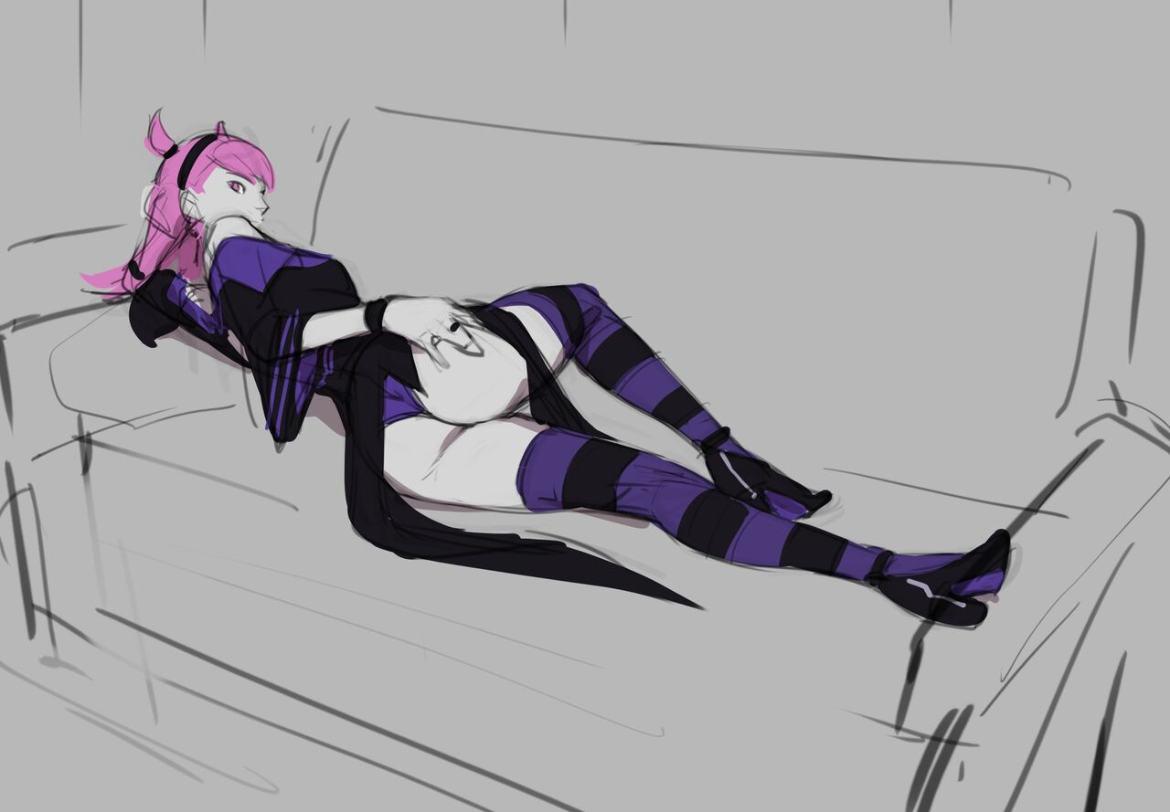 1girl 1girl 1girl ass ass_focus ass_grab black_socks clothed dc_comics dress high_heels high_res jinx laying_down laying_on_couch laying_on_sofa looking_at_viewer looking_back looking_back_at_viewer panties purple_clothing purple_hair purple_panties purple_socks purple_underwear sketch socks solo_female stockings stockings striped_socks tagme tarakanovich teen_titans thigh_socks underwear white_skin