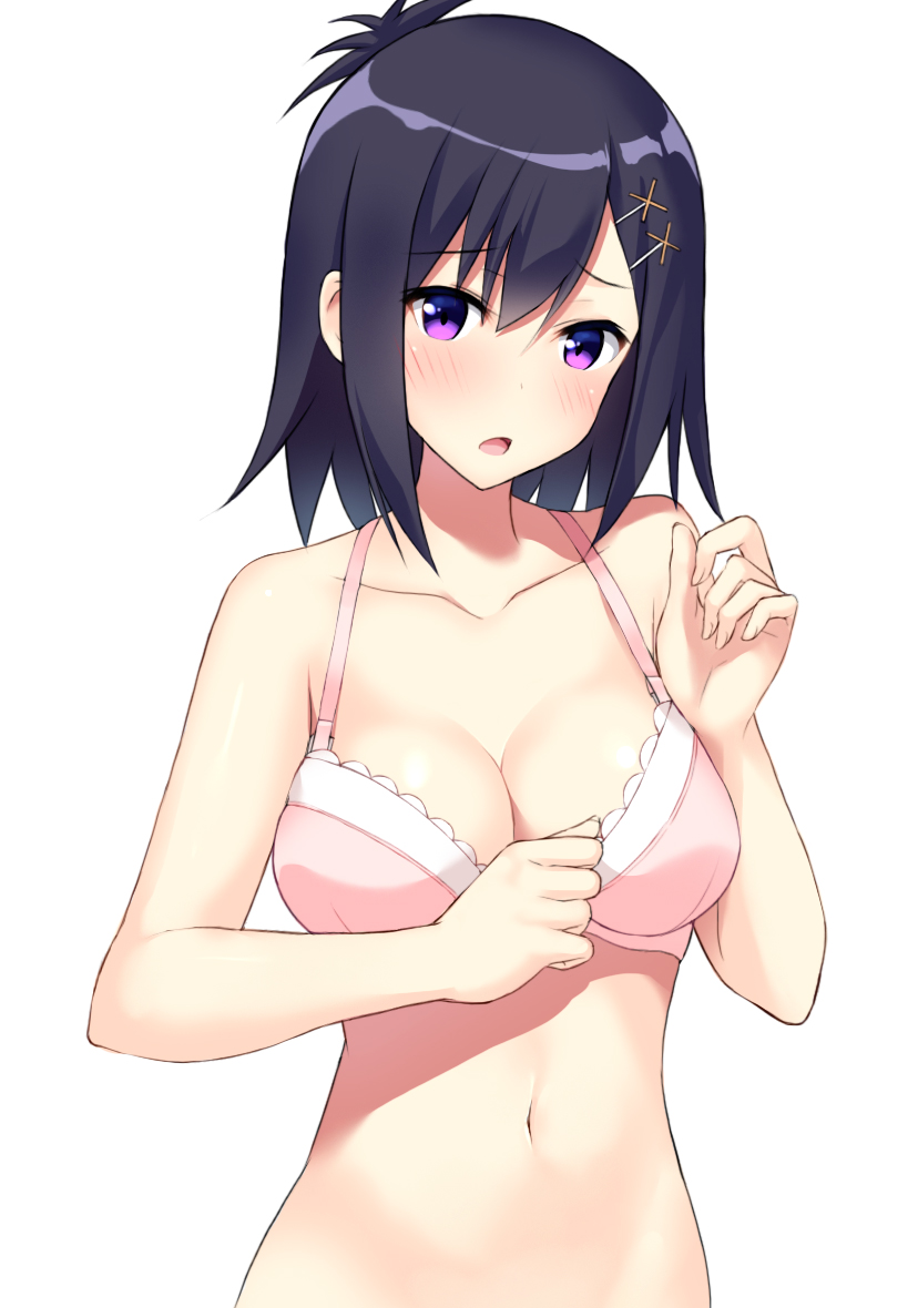 1girl 1girl :o bad_id bad_pixiv_id bare_arms bare_shoulders black_hair blush bra breasts cleavage cocona collarbone embarrassed gabriel_dropout hair_ornament hairclip head_tilt looking_at_viewer medium_breasts navel open_mouth photoshop_(medium) pink_bra purple_eyes raised_eyebrows short_hair simple_background stomach underwear underwear_only upper_body vignette_tsukinose_april white_background x_hair_ornament