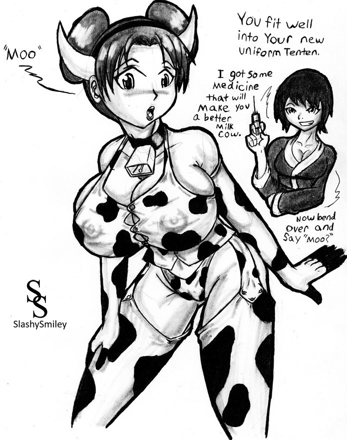 "moo" 2_girls arms bangs bare_shoulders big_breasts black_hair breasts brown_hair bust cheeks chest cow_bell dialogue double_buns english_text eyebrows female_only females fingers forehead gigantic_breasts grin hair hair_buns hand_on_thigh hands huge_breasts lips lipstick monochrome naruto naughty_face neck shizune short_hair shoulders slashysmiley syringe teeth tenten text thighs