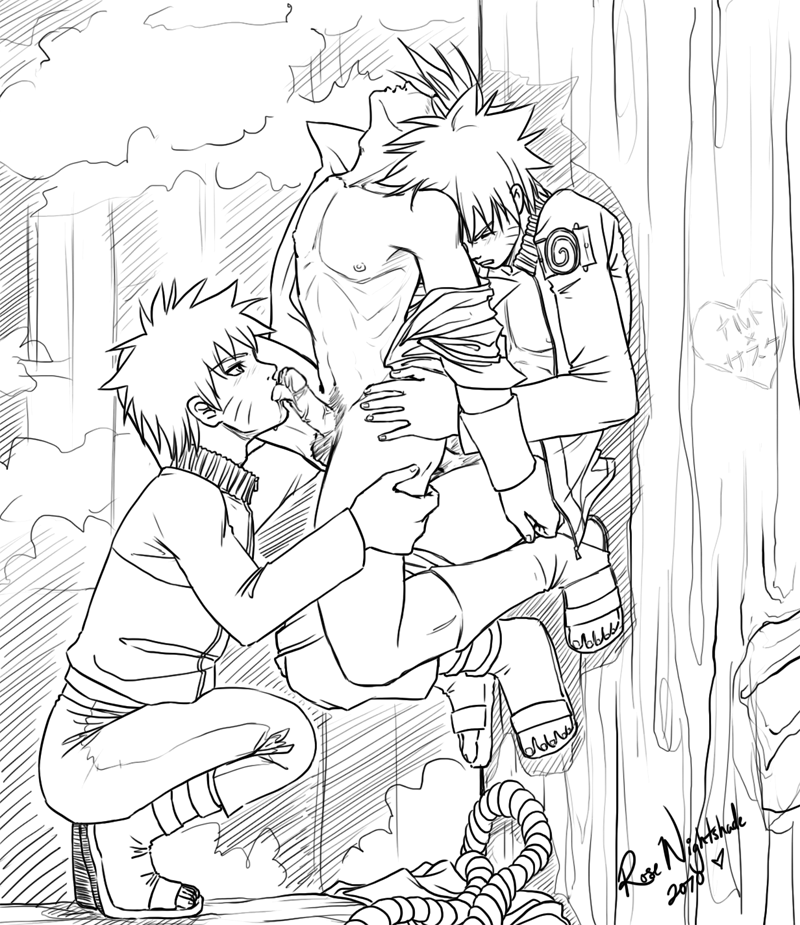 3boys anal arched_back clones clothed_on_nude cmnm erection fellatio forest group_sex held_up licking male male_nipples malesub monochrome multiple_boys naruto naruto_uzumaki nature open_clothes open_shirt oral outline outside penis penis_fullview pubic_hair rope rose_nightshade_(artist) sasuke_uchiha sex standing student teacher threesome tree uncensored undressing yaoi