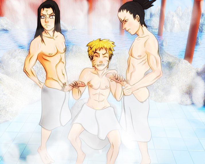 3boys anma bath handjob hyuuga_neji multiple_boys nara_shikamaru naruto neji_hyuuga penis towel uncensored yaoi