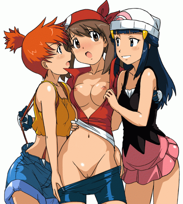 3_girls 3girls arm arms babe bandana bandanna bare_legs beanie big_breasts bike_shorts bike_shorts_pull blue_eyes blue_hair blush breasts brown_eyes brown_hair camisole cleavage cleft_of_venus collarbone dawn eye_contact eyebrows female friends girl_sandwich gloves grin group_hug gym_leader hair_ornament haruka_(pokemon) hat hikari_(pokemon) hug hugging human kakkii kasumi_(pokemon) large_breasts latex legs long_hair looking_at_another midriff moaning mound_of_venus multiple_girls naughty_face navel neck nintendo nipple_slip nipples no_bra no_panties open_clothes open_mouth open_shirt orange_hair pants_down pokemon pokemon_(anime) pokemon_(game) pokemon_dppt pokemon_rgby pokemon_rse pussy shirt short_hair short_pull shorts side_ponytail simple_background skirt small_waist smile standing tank_top teeth threesome uncensored white_background yuri