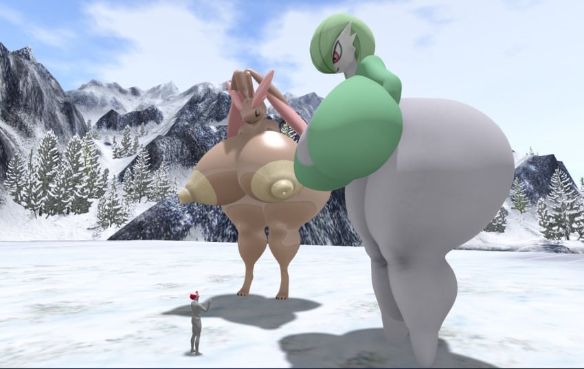 1boy 2girls 3d_(artwork) ^_^ areolae breasts brown_fur cap furry gardevoir giantess green_hair grey_skin huge_ass huge_breasts huge_thighs hyper_areola hyper_ass hyper_breasts hyper_butt hyper_nipples hyper_thighs long_ears looking_down looking_up lopunny macro massive_ass massive_breasts massive_butt massive_thighs micro mountain nipples nude outside pokemon short_hair side_view snow thick_eyebrows yellow_nipples zer0264