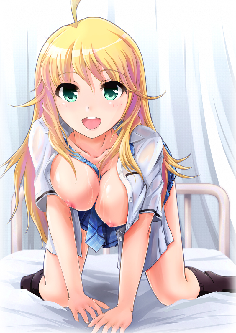 1girl ahoge all_fours bed between_breasts blonde_hair breasts deza female female_only green_eyes hoshii_miki hospital_bed idolmaster infirmary large_breasts long_hair looking_at_viewer necktie nipples no_shoes on_bed open_clothes open_mouth open_shirt rough_time_school school_uniform shirt skirt smile solo sweat