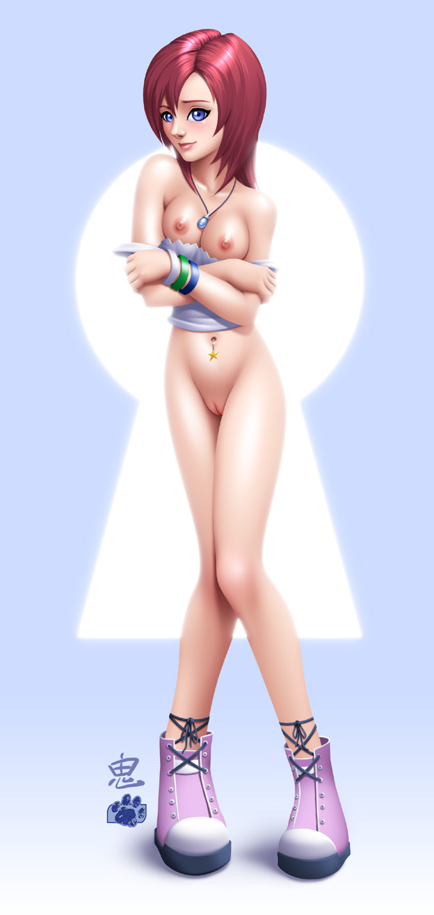 blush bottomless breasts catthouse catthouse_studios female kairi kingdom_hearts navel_piercing necklace nipples no_bra oni_(artist) paw_print pussy shirt_pull shoes uncensored undressing