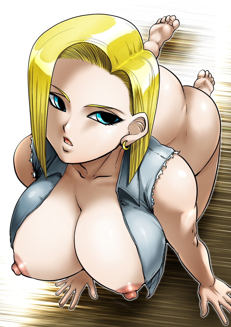 1girl all_fours android_18 ass barefoot blonde_hair blue_eyes breasts cleavage dragon_ball dragon_ball_z earrings female hair huge_breasts jewelry laserclaw7 open_clothes open_mouth open_shirt shirt short_hair solo