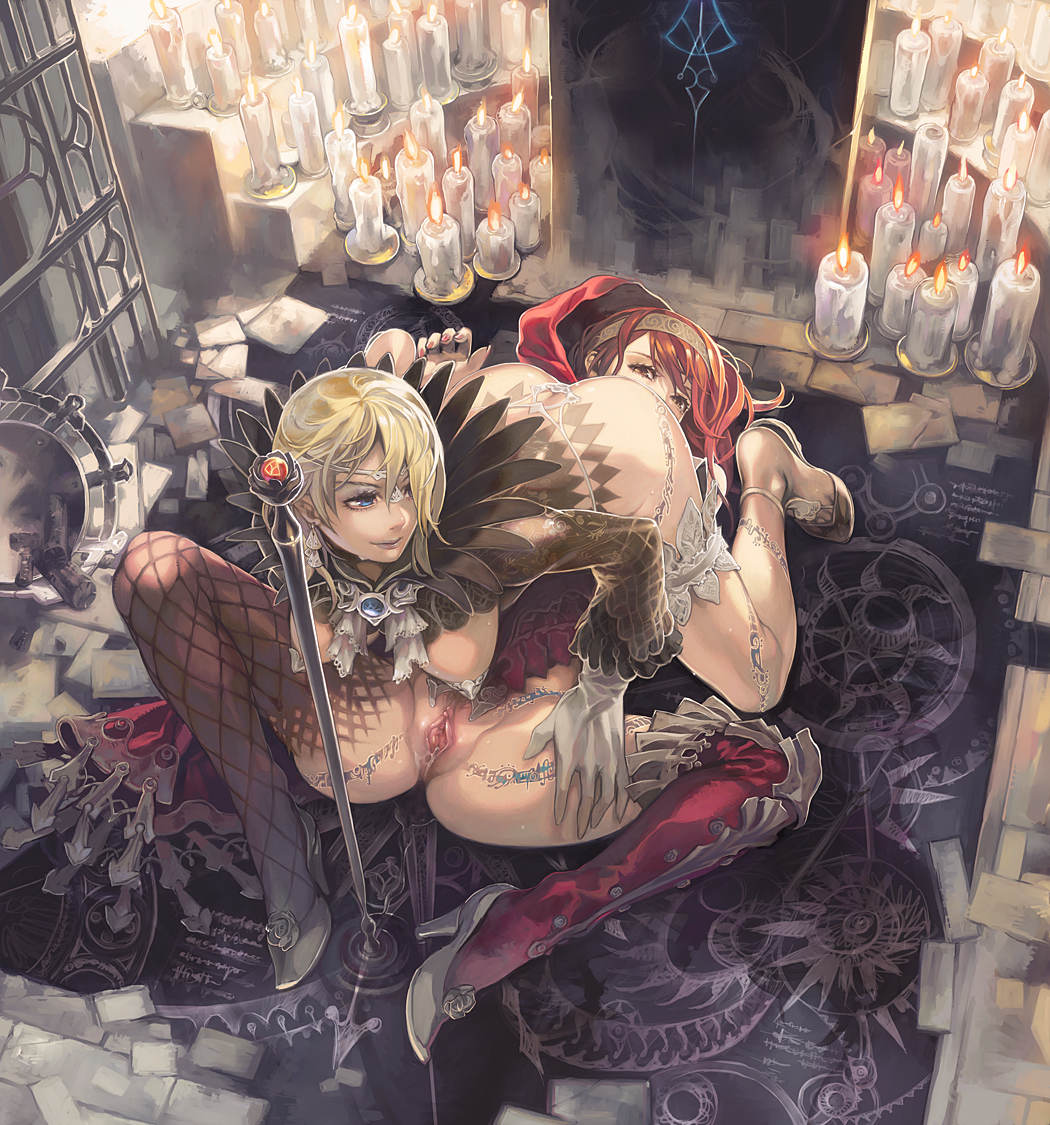 2girls 69 aoin armor blonde_hair blue_eyes breastplate breasts candle erect_nipples facesitting female high_heels long_hair multiple_girls omegaboost original original_character pussy red_hair shoes short_hair sitting sitting_on_face sitting_on_person smile staff thighhighs uncensored yuri