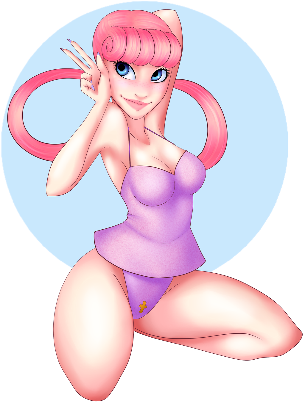 1girl blue_eyes female joy_(pokemon) nurse_joy partially_clothed pink_hair pokemon