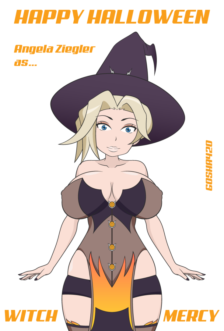 1girl activision angela_ziegler arms_at_sides bangs big_breasts blizzard_entertainment blonde_hair blue_eyes breasts cleavage corset gosha420 gosha420_(artist) head_tilt large_breasts looking_at_viewer mercy_(overwatch) nipple_bulge overwatch painted_nails short_hair skindentation wide_hips witch_hat witch_mercy_(overwatch)