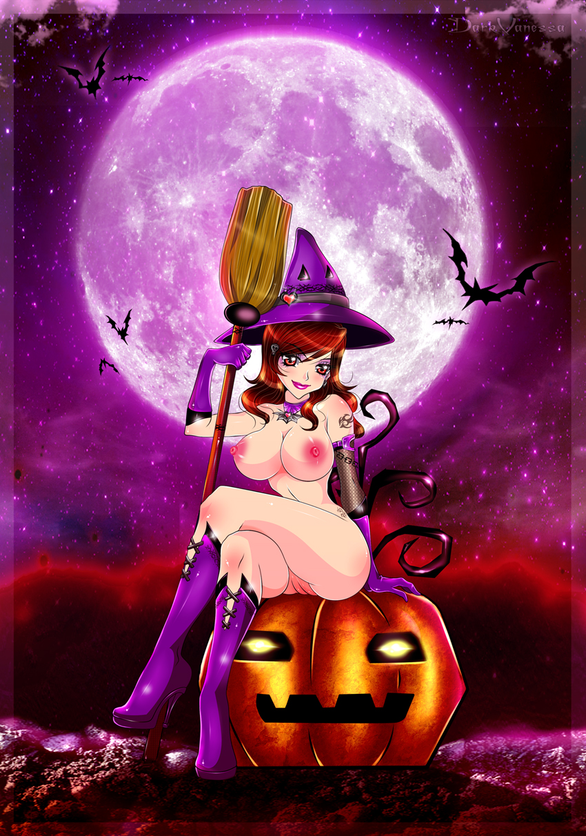 bat boots breasts broomstick flying gloves hairless_pussy halloween hat jack-o'-lantern long_hair nipples nude pumpkin purple_lipstick pussy red_eyes red_hair sitting tattoo witch witch_hat