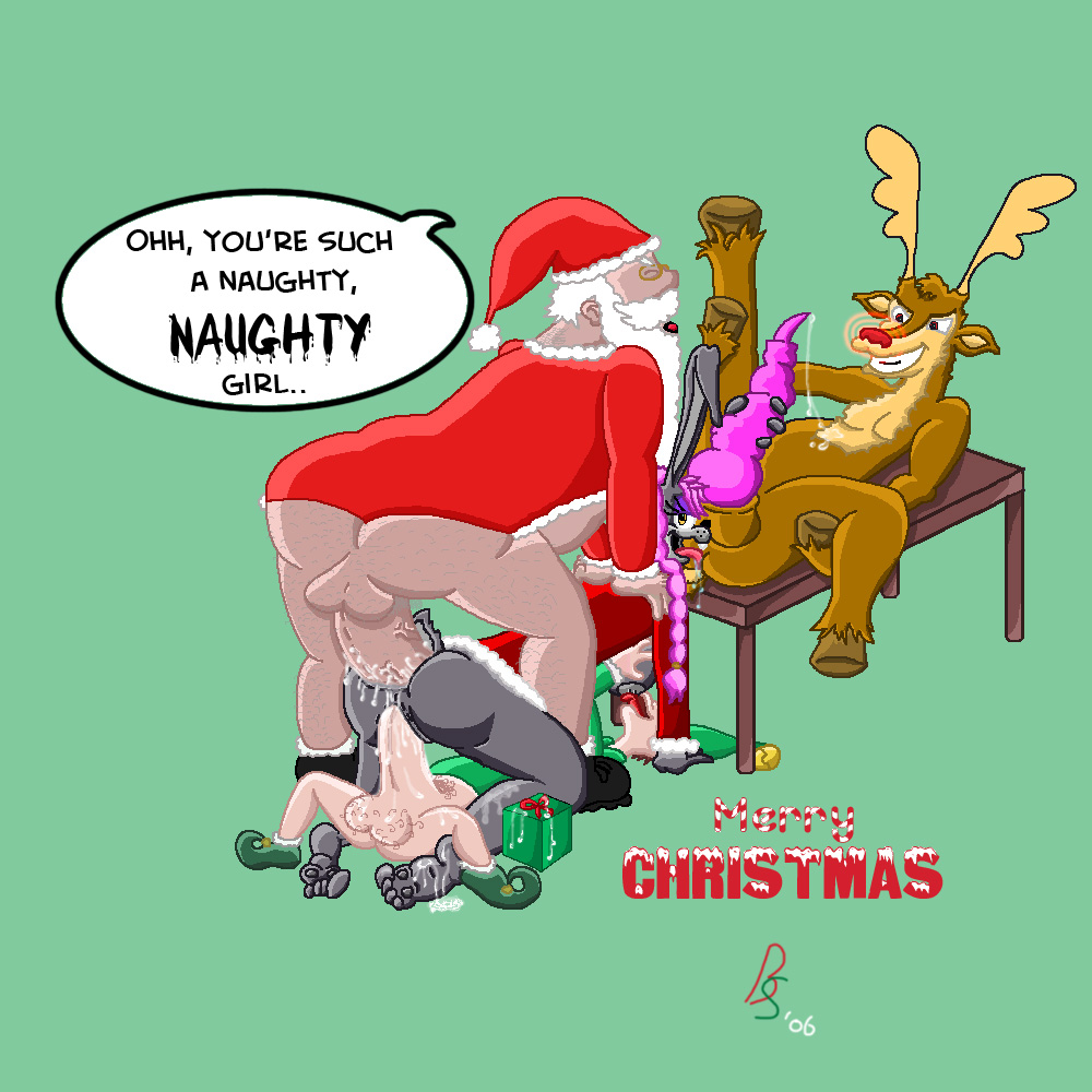 blargsnarf bunny_girl christmas christmas_elf deer_penis furry green_background group_sex interspecies original rudolph santa_claus